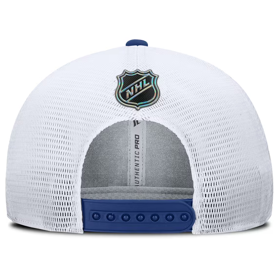 Men Fanatics Blue White Vancouver Canucks Authentic Pro Rink Lockup Adjustable Trucker Hat