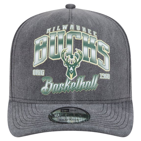 Men's New Era Charcoal Milwaukee Bucks Throwback Washed Pre-Curved 9FIFTY Snapback Hat