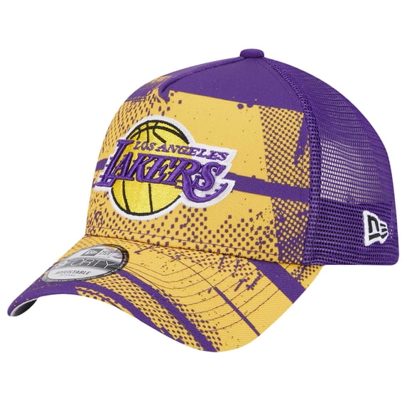 Men's New Era Purple/Gold Los Angeles Lakers Tip Off A-Frame Trucker 9FORTY Adjustable Hat