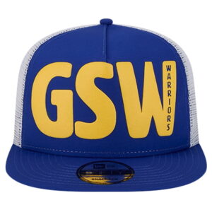 Men's New Era Royal Golden State Warriors Puff Print Team Code A-Frame 9FIFTY Trucker Snapback Hat