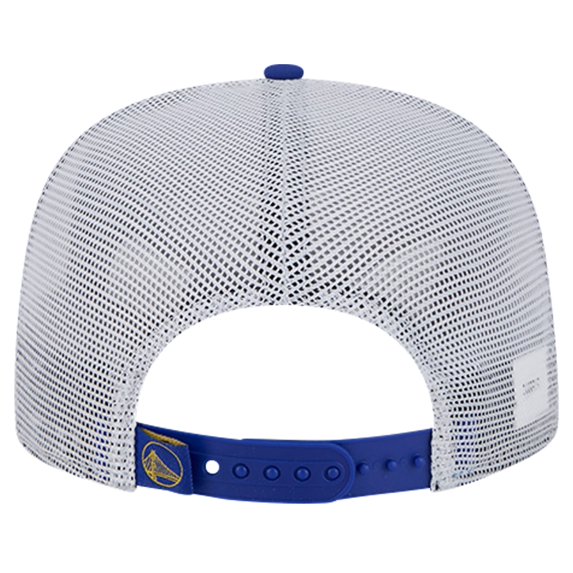 Men's New Era Royal Golden State Warriors Puff Print Team Code A-Frame 9FIFTY Trucker Snapback Hat