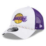Men's New Era WhitePurple Los Angeles Lakers Court Sport Foam A-Frame 9FORTY Adjustable Trucker Hat