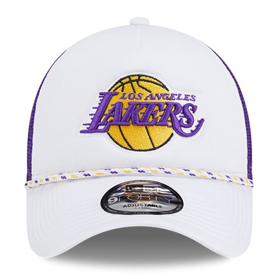 Men's New Era WhitePurple Los Angeles Lakers Court Sport Foam A-Frame 9FORTY Adjustable Trucker Hat
