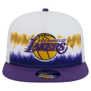 Men's New Era WhitePurple Los Angeles Lakers Dip-Dye 9FIFTY A-Frame Trucker Snapback Hat