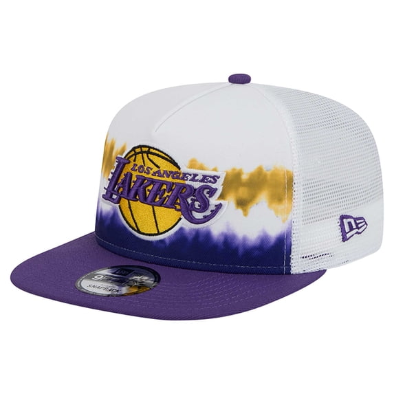 Men's New Era WhitePurple Los Angeles Lakers Dip-Dye 9FIFTY A-Frame Trucker Snapback Hat