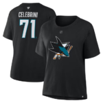 Women Fanatics Macklin Celebrini Black San Jose Sharks Authentic Stack Name Number T-Shirt