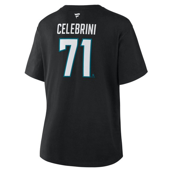 Women Fanatics Macklin Celebrini Black San Jose Sharks Authentic Stack Name Number T-Shirt