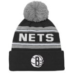 Youth Black Brooklyn Nets Backboard Jacquard Cuffed Knit Hat with Pom