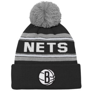Youth Black Brooklyn Nets Backboard Jacquard Cuffed Knit Hat with Pom