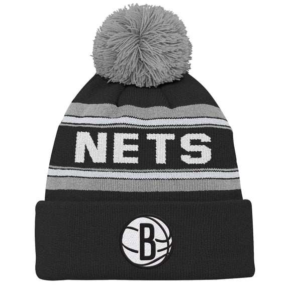 Youth Black Brooklyn Nets Backboard Jacquard Cuffed Knit Hat with Pom