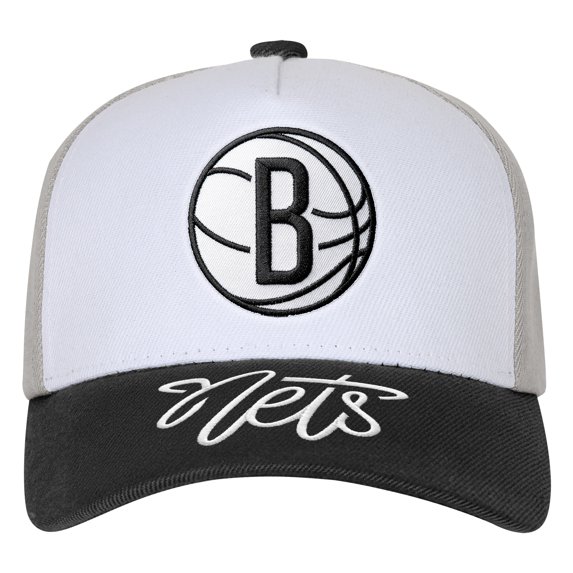 Youth Outerstuff White/Black Brooklyn Nets Logo Three Pro Pinch Pre-Curved Adjustable Hat