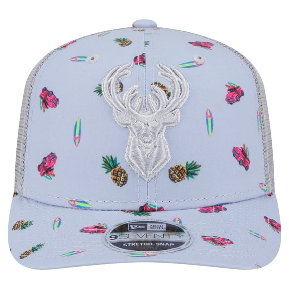 Men's New Era Light BlueGray Milwaukee Bucks Adventure Aloha Pattern 9SEVENTY Stretch-Snap Hat
