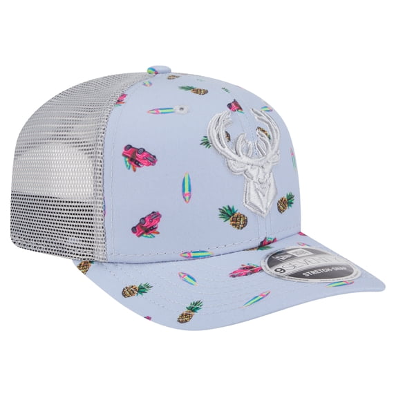 Men's New Era Light BlueGray Milwaukee Bucks Adventure Aloha Pattern 9SEVENTY Stretch-Snap Hat