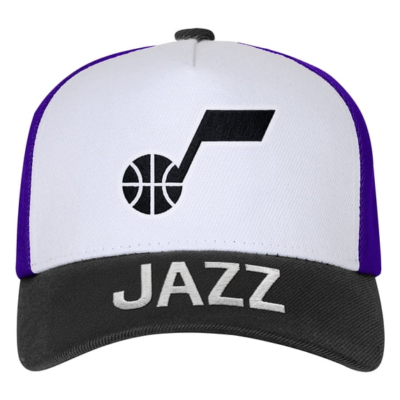 Youth Outerstuff White/Black Utah Jazz Logo Three Pro Pinch Pre-Curved Adjustable Hat
