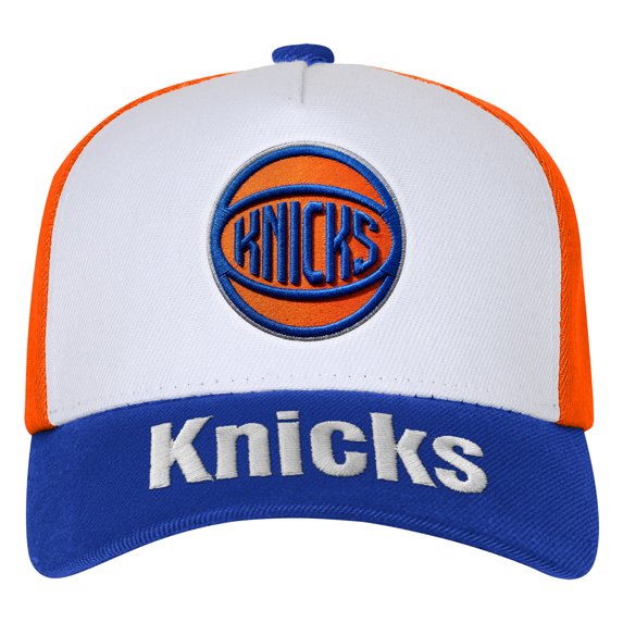Youth Outerstuff White/Blue New York Knicks Logo Three Pro Pinch Pre-Curved Adjustable Hat